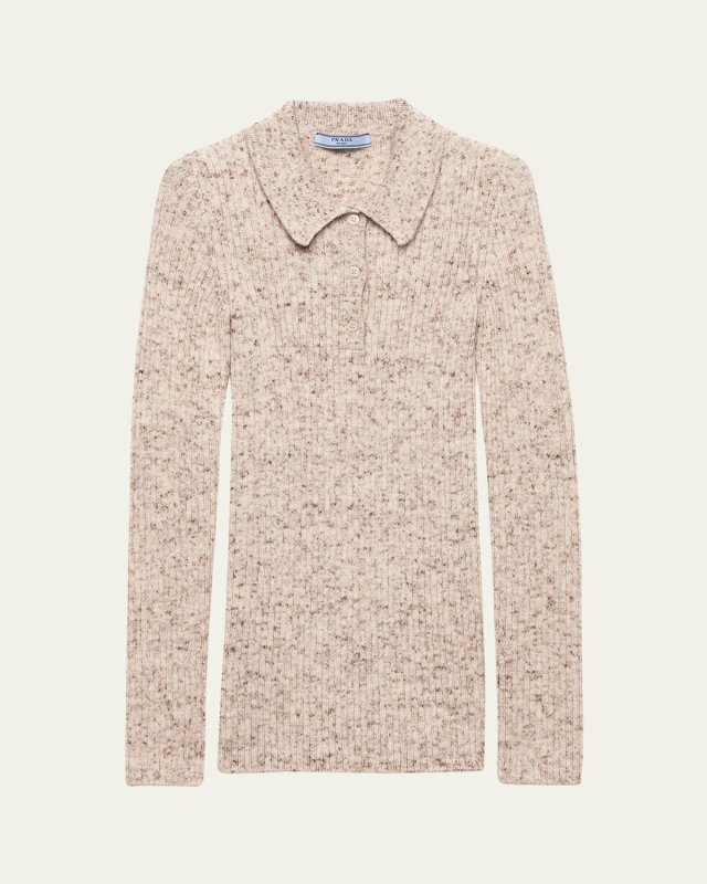 Speckled Wool-Linen Rib Polo Sweater